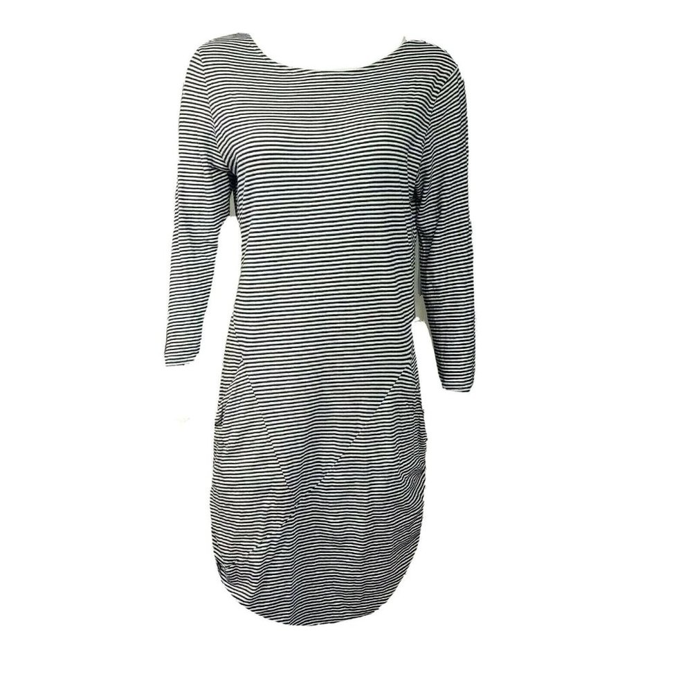 Betabrand Black and White Striped Midi Dress